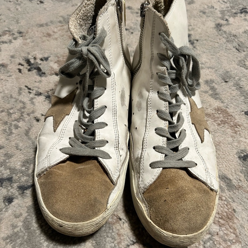 White and Brown High-Top Sneakers